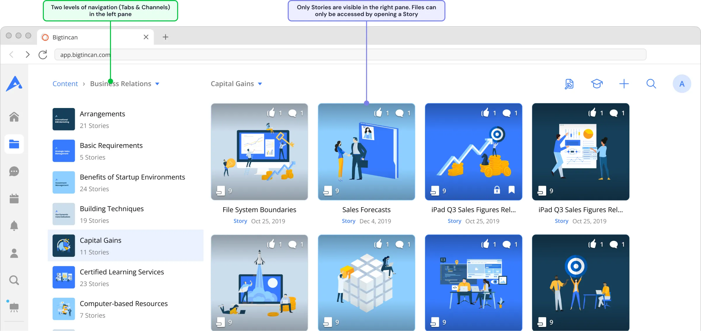 The main Content tab has a confusing navigation for browsing content. The top two tiers (Tabs and Channels) are navigated in the left pane, the third tier (Stories) appear in the right pane, and the fourth tier (files) can only be viewed by opening a story