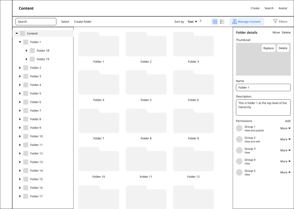 Manage Content: when enabled the toggle opens a tree view on the left and a detail pane on the right