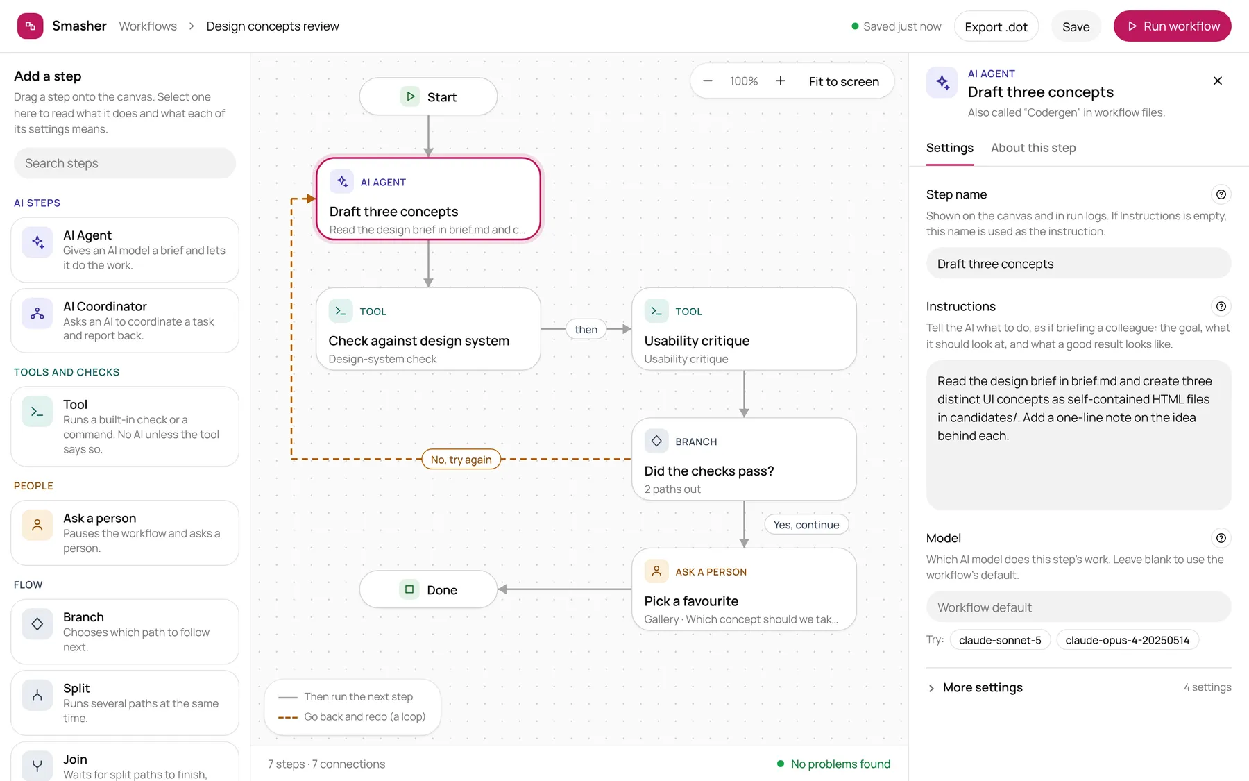 A redesign of the smasher workflow editor, showing a step palette, a workflow drawn as connected steps with a loop back, and a settings panel for the selected step