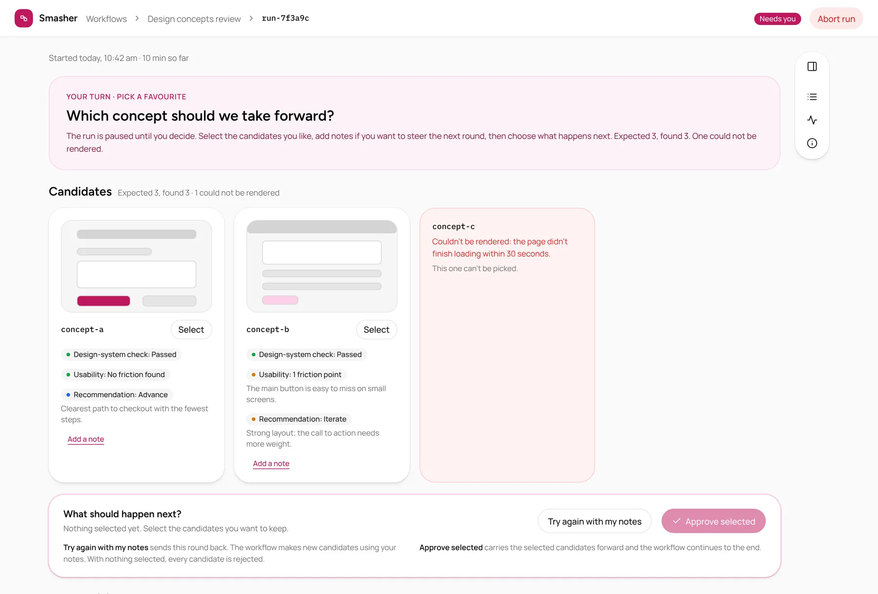 Candidate cards with design system and usability checks, and a choice to approve or try again with notes