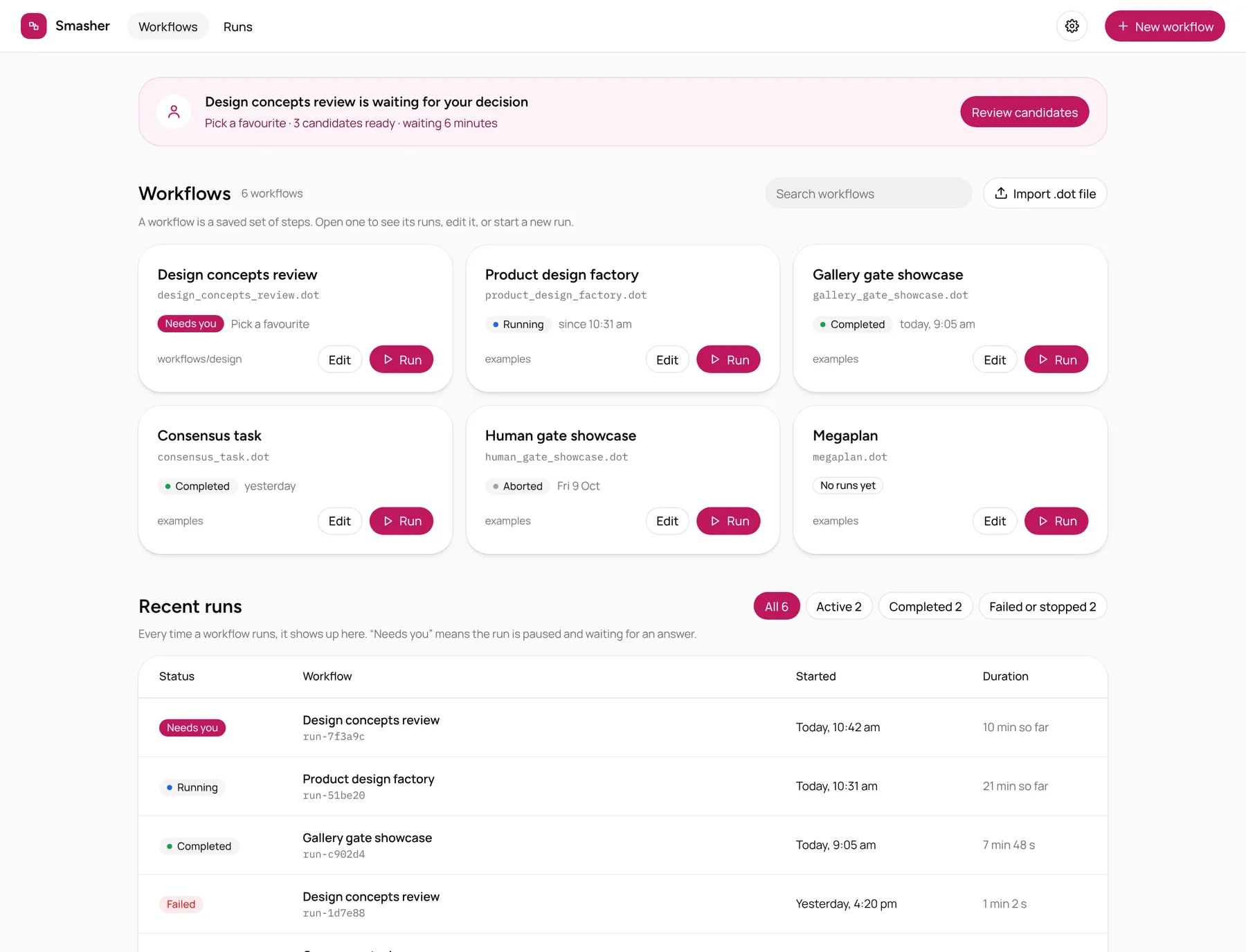 The redesigned dashboard, with a banner for a run waiting for a decision, workflow cards and recent runs