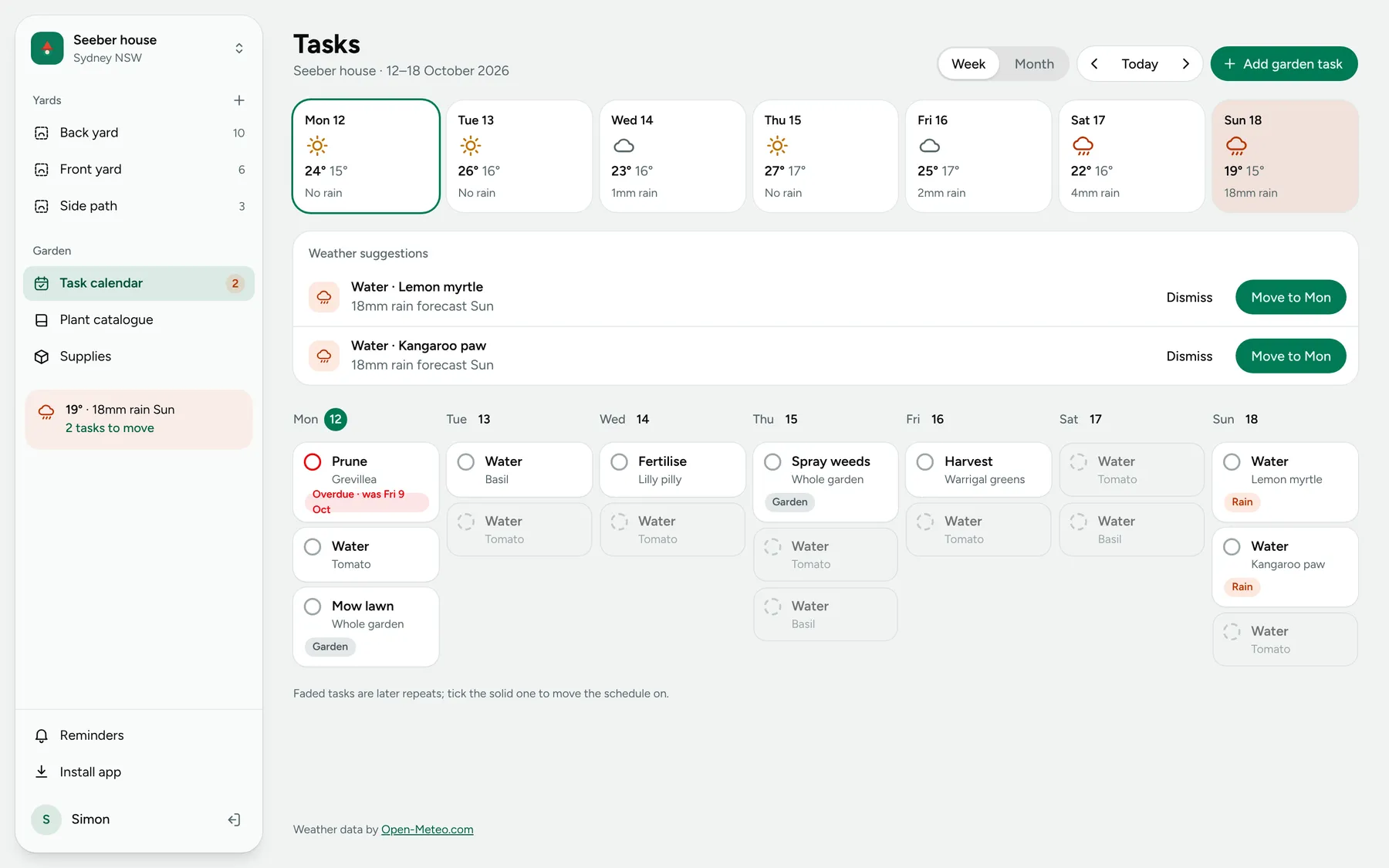 The task calendar in week view, with daily forecast and weather suggestions