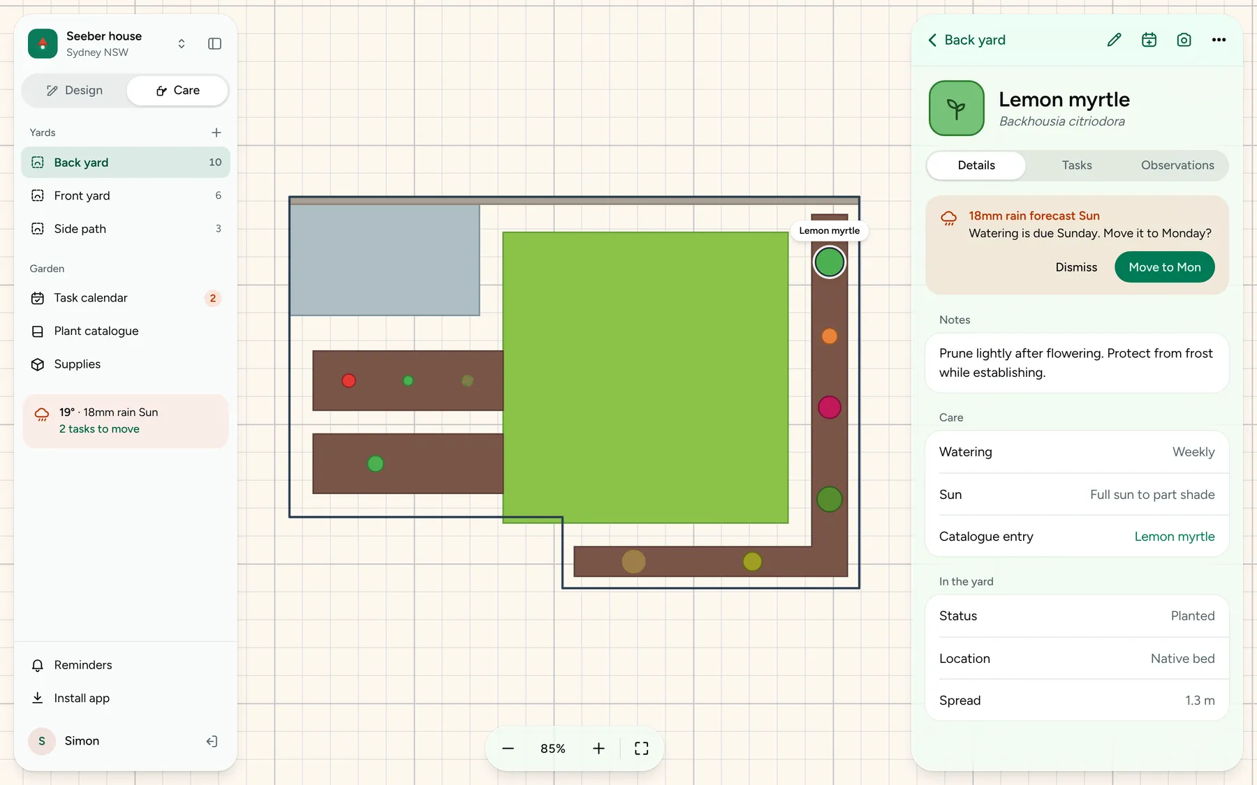 The Garden Gnome yard canvas, showing a back yard drawn to scale with garden beds, lawn and plants