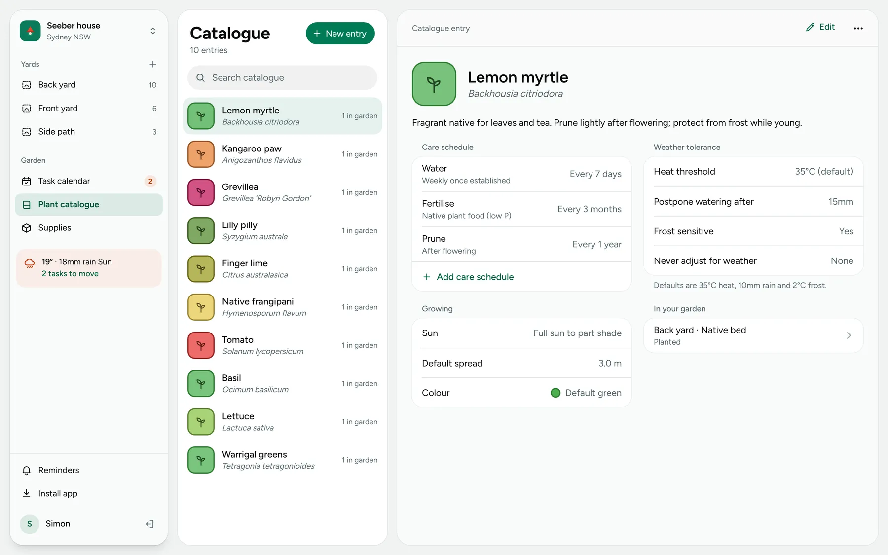 The plant catalogue, showing care schedule and weather tolerance for lemon myrtle