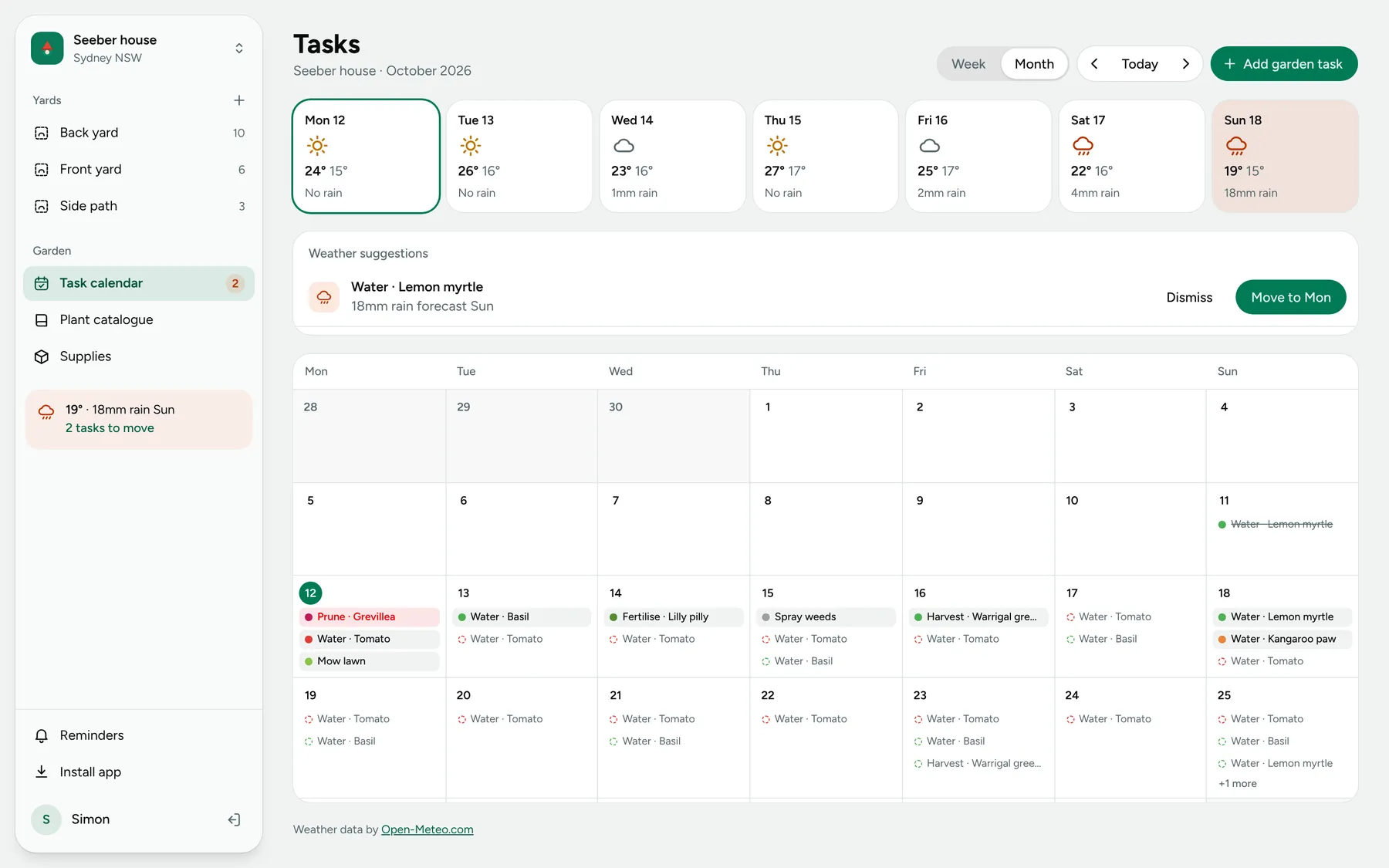 The task calendar in month view