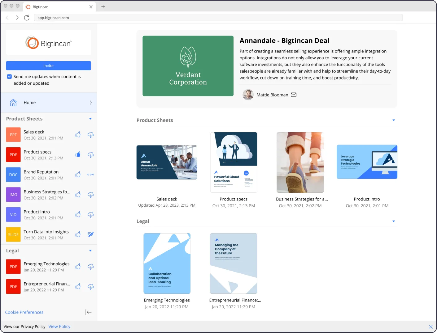 A screenshot showing the existing Digital Sales Room landing page
