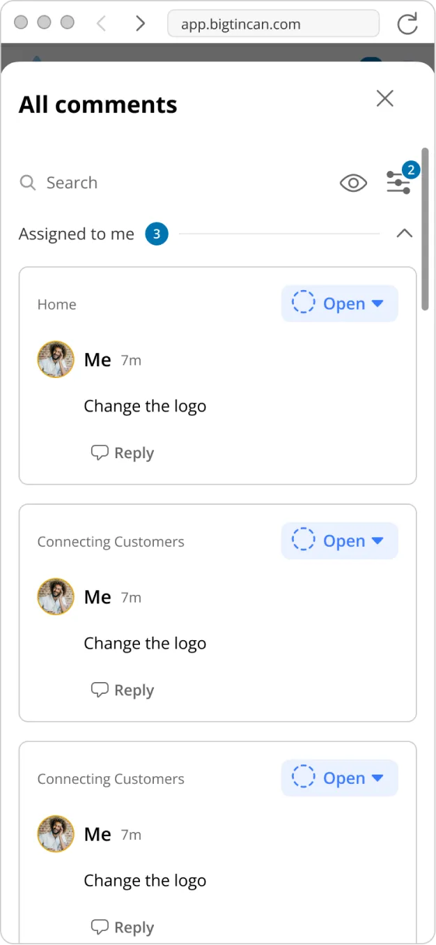 The all comments panel open on a mobile screen