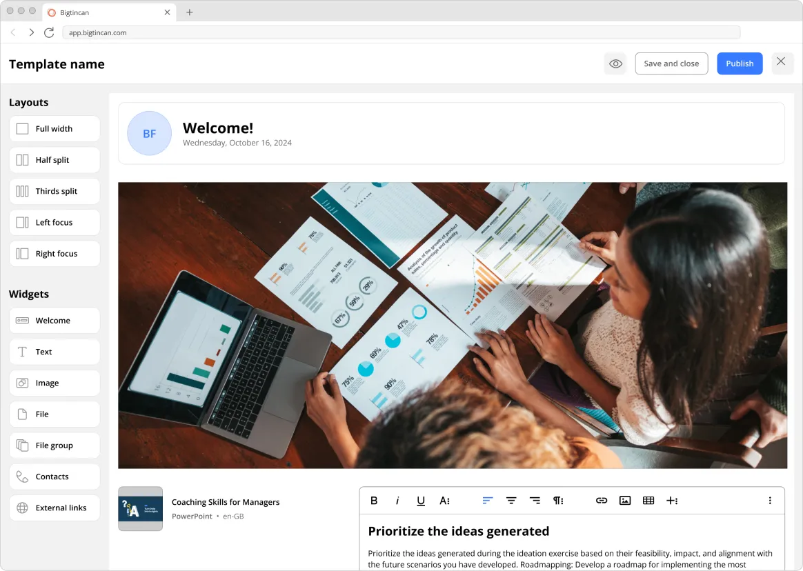 The layout template builder, showing sections that can be customised