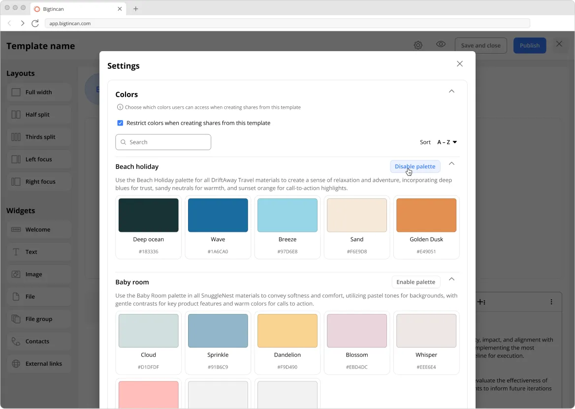 The template settings panel showing colour palettes available to a template