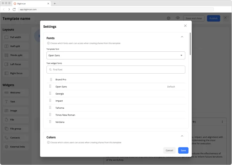 The template settings panel showing fonts available to a template