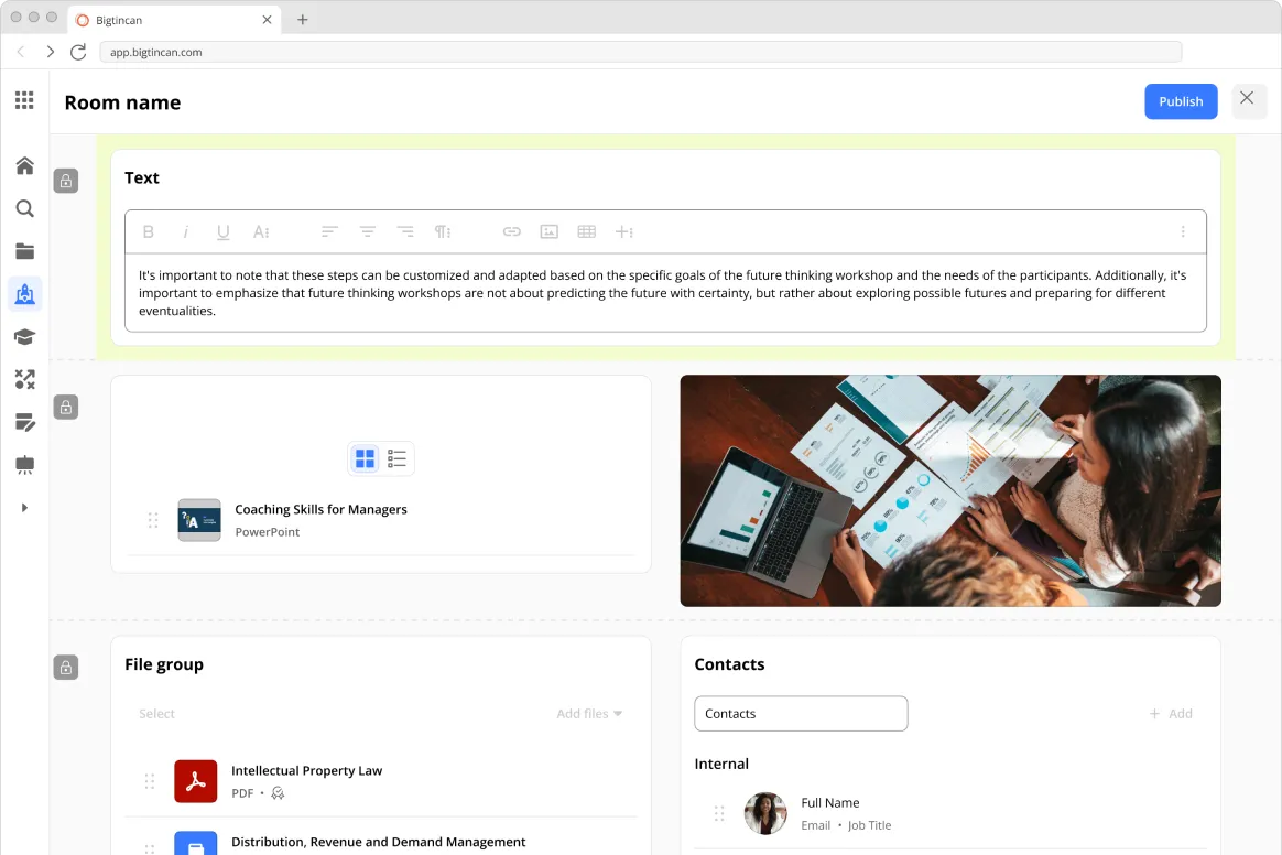 The template builder showing a whole section locked for room editors