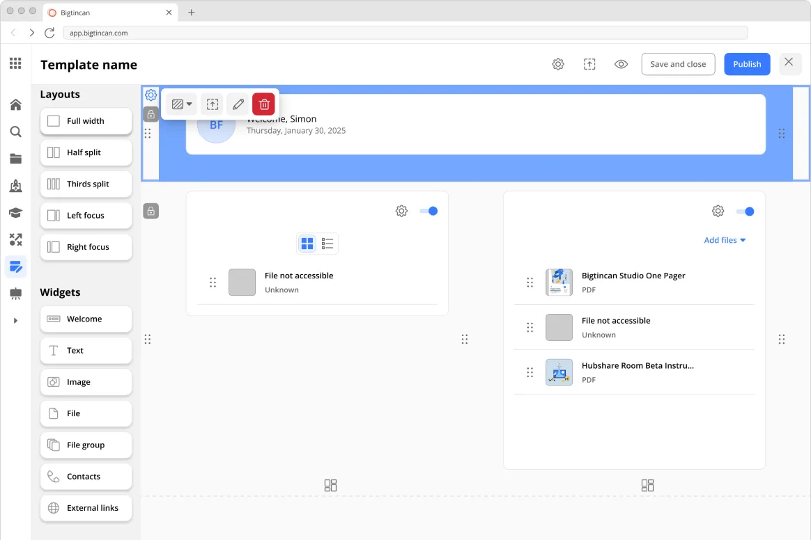 The template builder showing a widget locked for room editors